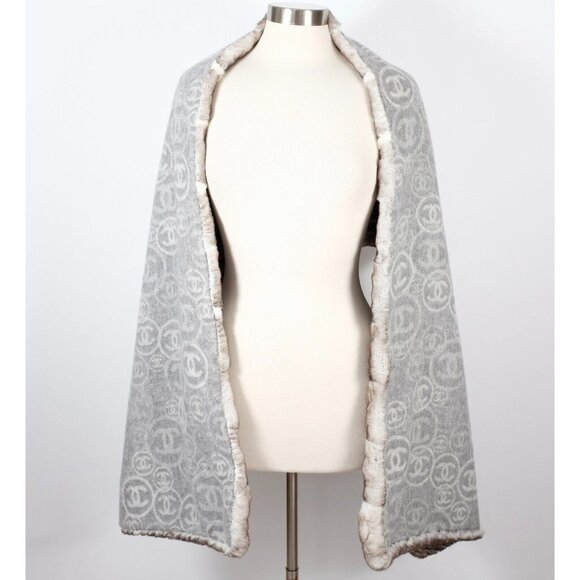 Chanel XL scarf shawl reversible 37" x 78" cashmere fur orylag gray rabbit 12k - Picture 4 of 16